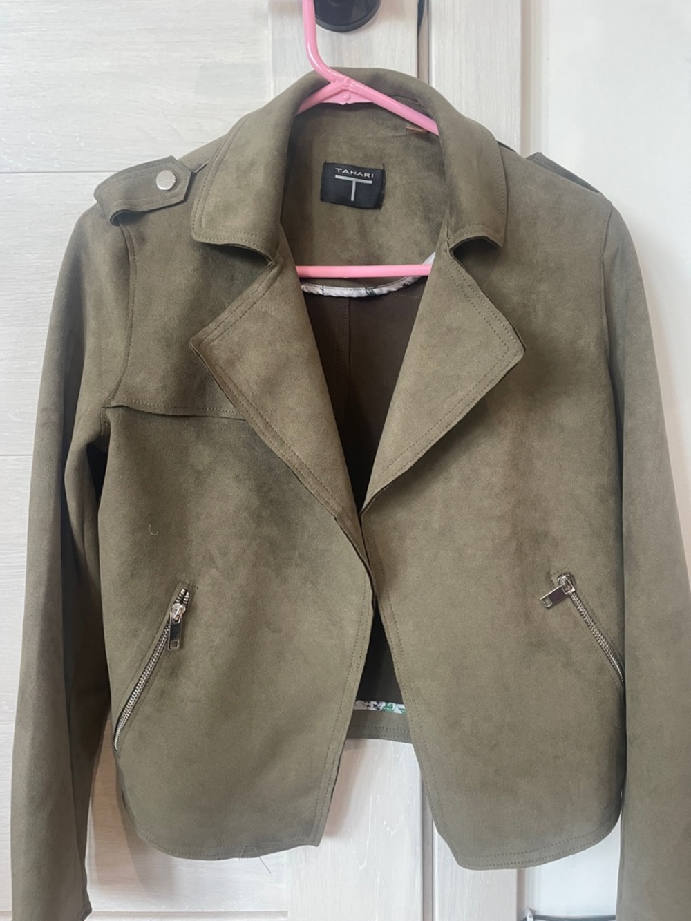 Tahari Olive Suede-Texture Moto Jacket